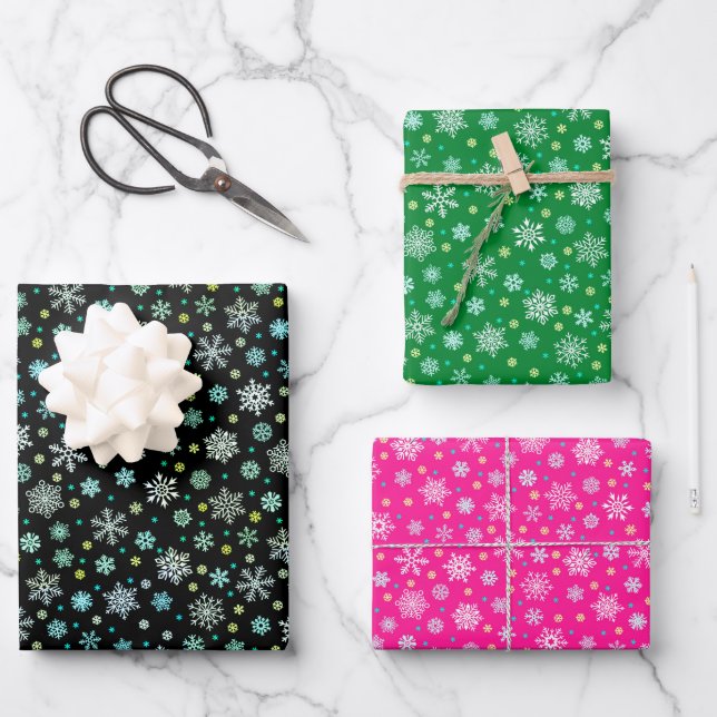 Snowflakes various shapes black green pink elegant wrapping paper sheets (Front)