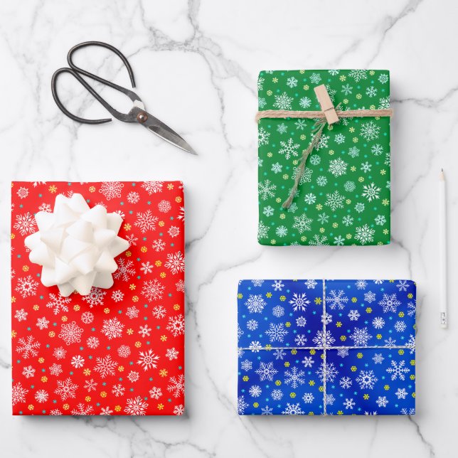 Snowflakes various shapes classic red green blue wrapping paper sheets (Front)