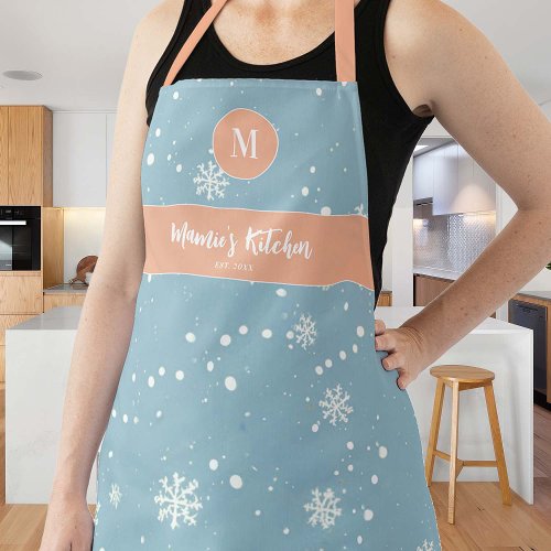 Snowflakes Vintage Blue Peach Pink Monogram Gift Apron