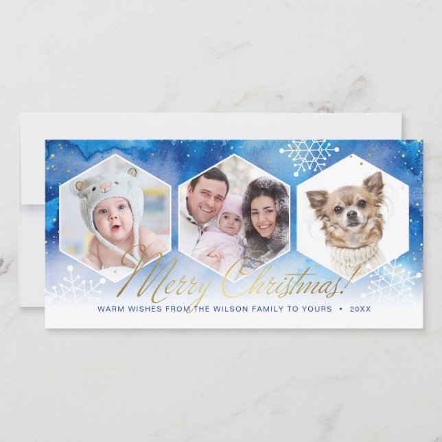 Snowflakes Watercolor Gold Merry Christmas Photo Holiday Card (Front)