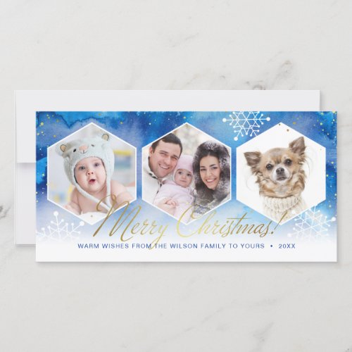 Snowflakes Watercolor Gold Merry Christmas Photo Holiday Card