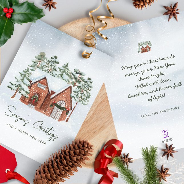 Snowflakes Watercolor Nordic Christmas Pine Trees Holiday Card (Creator Uploaded)