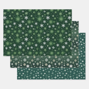 Snowflakes - White On Green Wrapping Paper Sheets