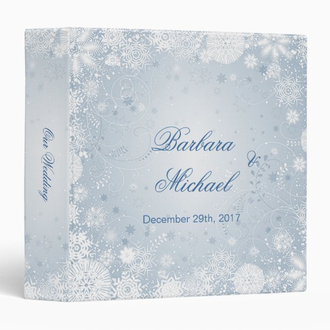 Snowflakes white silver blue Winter Wedding Binder (Front/Spine)