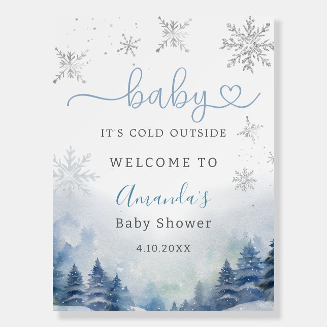 Snowflakes Winter Baby Blue Shower Welcome Sign (Front)