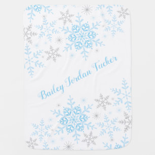 Snowflakes Winter Baby Boy Blue Silver Glitter Baby Blanket