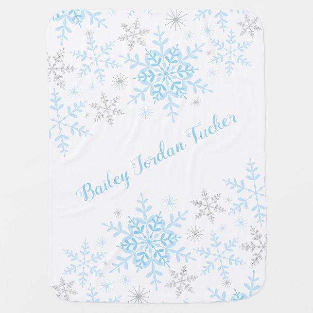 Snowflakes Winter Baby Boy Blue Silver Glitter Baby Blanket (Front)