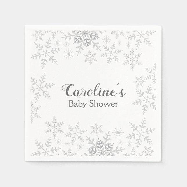 Snowflakes Winter Baby Shower Gray Silver Glitter Napkins (Front)