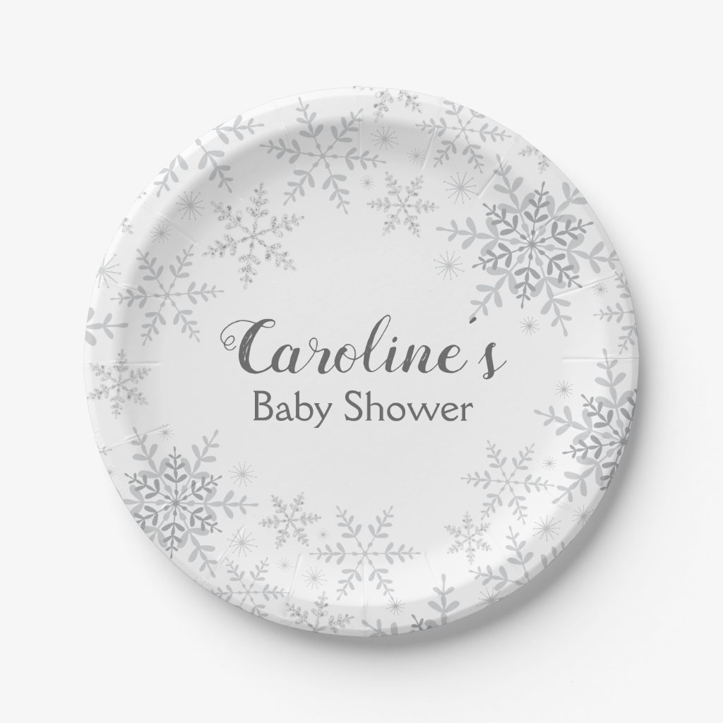 Snowflakes Winter Baby Shower Gray Silver Glitter Paper Plate