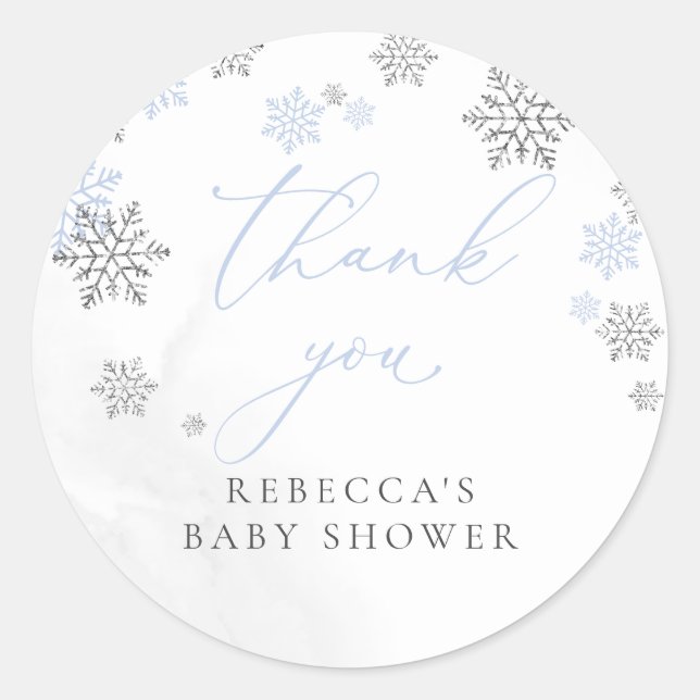 Snowflakes Winter Boy Baby Shower Thank You Classic Round Sticker (Front)