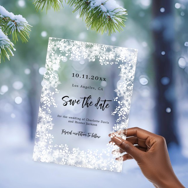 Snowflakes winter clear wedding Save the Date card (Creator Uploaded)