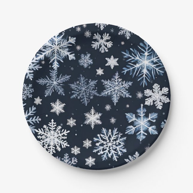 Snowflakes Winter Design Blue Cold Cute Paper Plates (Front)