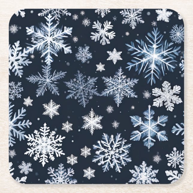 Snowflakes Winter Design Blue Cold Cute Square Paper Coaster (Front)