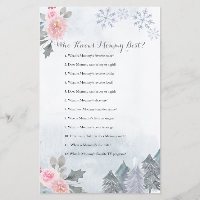 Snowflakes Winter Floral Who Knows Mommy Best Game (Front)