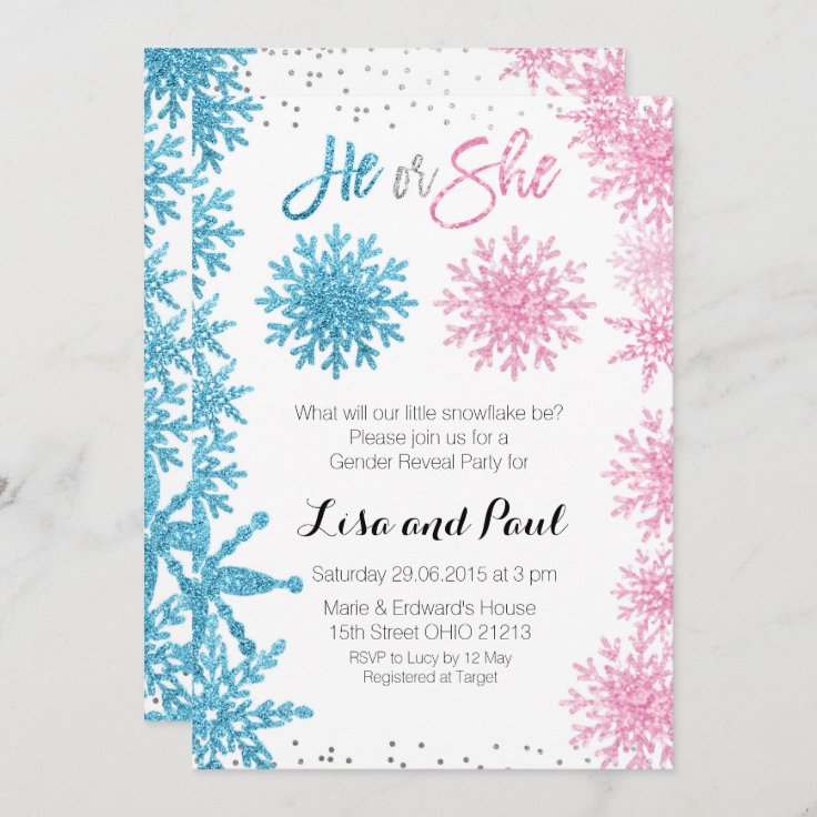 Snowflakes Winter gender reveal invitation Zazzle