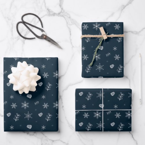 Snowflakes winter harts midnight blue wrapping paper sheets