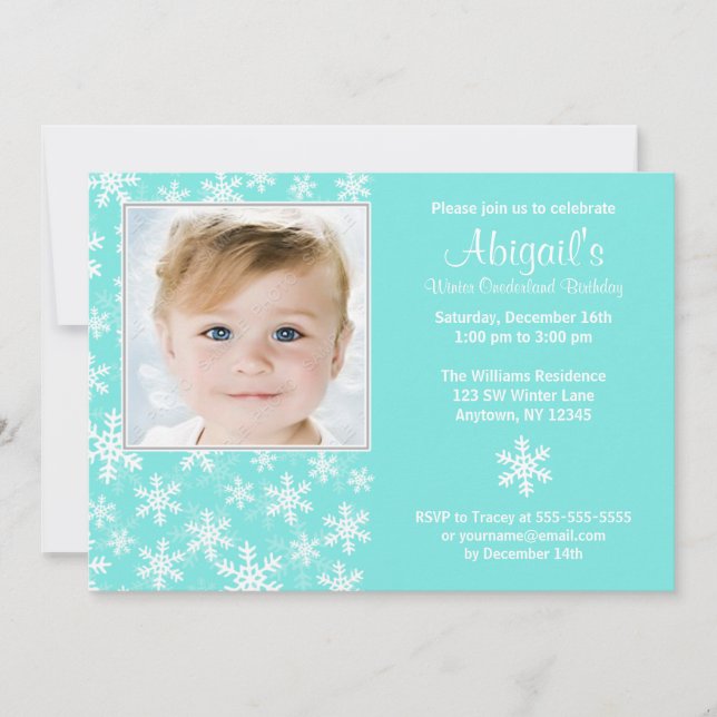 Snowflakes Winter Onederland Aqua Photo Birthday Invitation (Front)