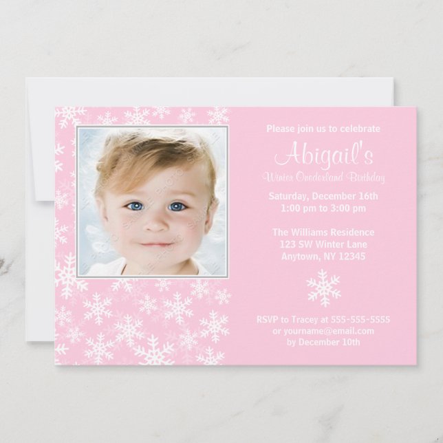 Snowflakes Winter Onederland Pink Photo Birthday Invitation (Front)