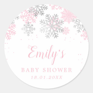 Snowflakes Winter Pink And Silver Girl Baby Shower Classic Round Sticker