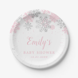 Snowflakes Winter Pink And Silver Girl Baby Shower Paper Plates