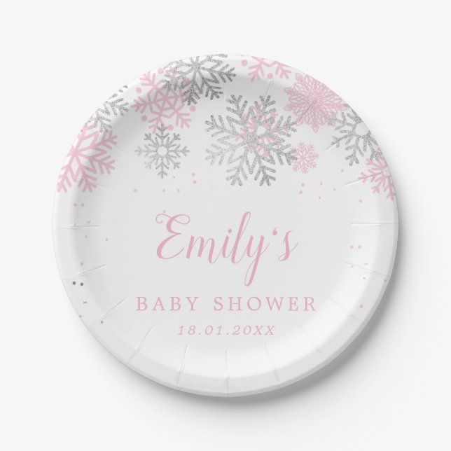 Snowflakes Winter Pink And Silver Girl Baby Shower Paper Plates (Front)