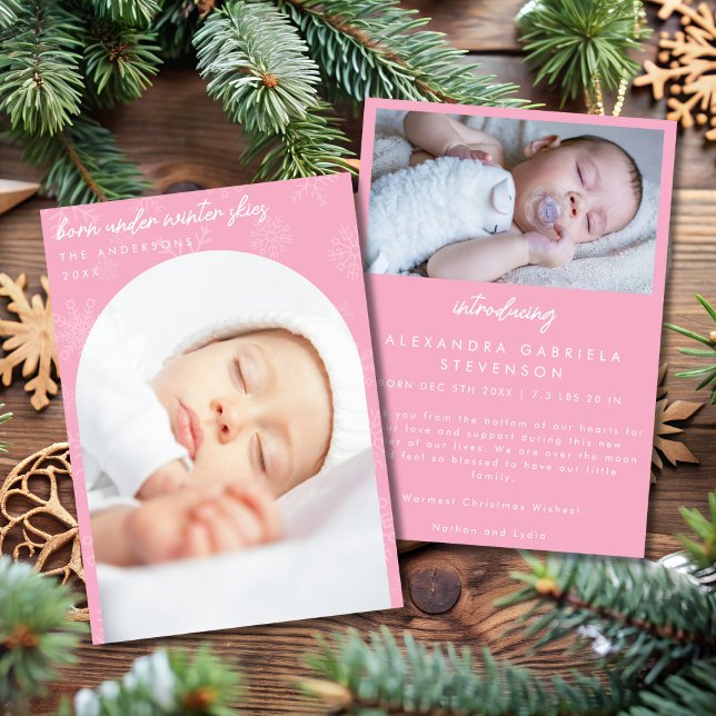 Snowflakes Winter Skies Light Pink Christmas Birth Announcement (Creator Uploaded)