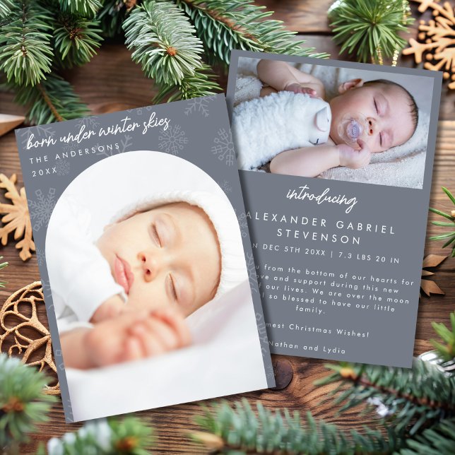 Snowflakes Winter Skies Slate Gray Christmas Birth Announcement (Creator Uploaded)