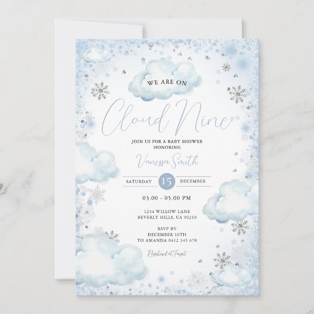 Snowflakes Winter We Are On Cloud Nine Baby Shower Invitation (Front)