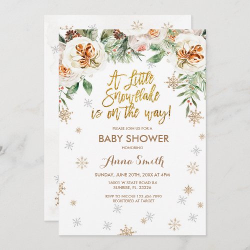 Snowflakes Winter White Floral  Baby Shower Invitation