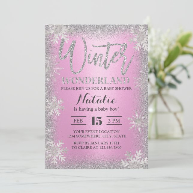 Snowflakes Winter Wonderland Pink Baby Shower Invitation (Standing Front)
