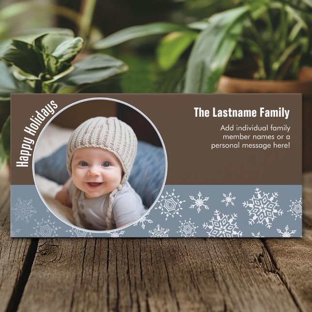 Snowflakes with Circle Photo - blue and brown Holiday Card (Custom Holiday Photo Card)