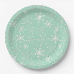 Snowflakes with light green background paper plates