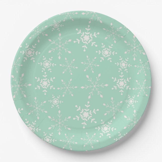Snowflakes with light green background paper plates (Front)
