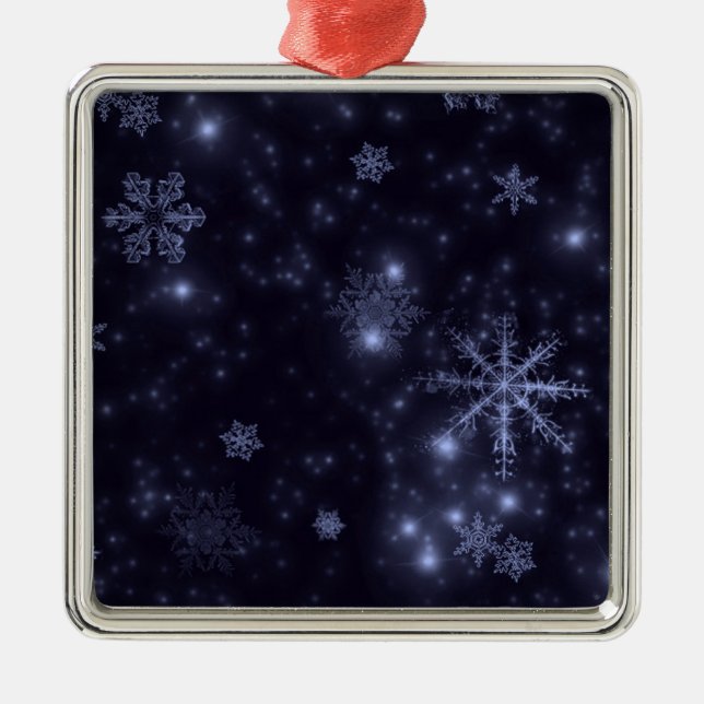 Snowflakes with Midnight Blue Background Metal Ornament (Front)