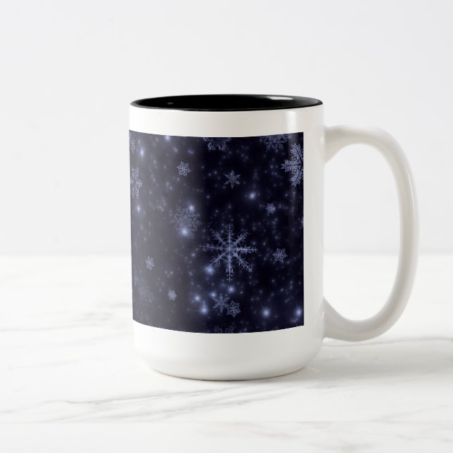 Snowflakes with Midnight Blue Background Two-Tone Coffee Mug (Right)