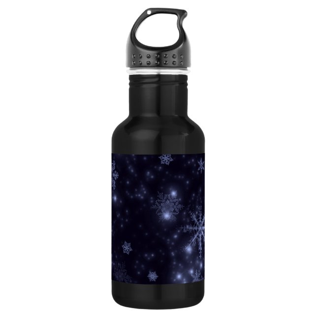 Snowflakes with Midnight Blue Background Water Bottle (Front)