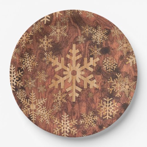 Snowflakes Wood Inlay Graphic Print Decor on a Paper Plates