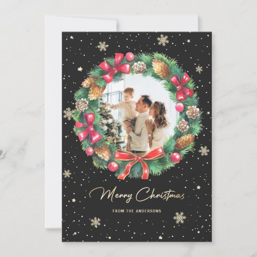Snowflakes Wreath Gold Black Photo Christmas Holiday Card