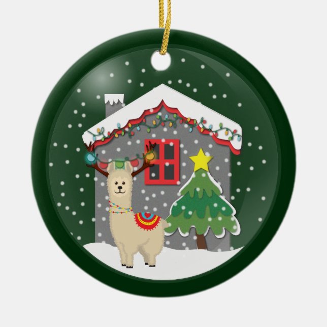 Snowglobe Christmas Llama Ceramic Ornament (Front)