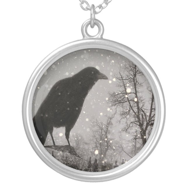 Snowglobe Raven Silver Plated Necklace (Front)