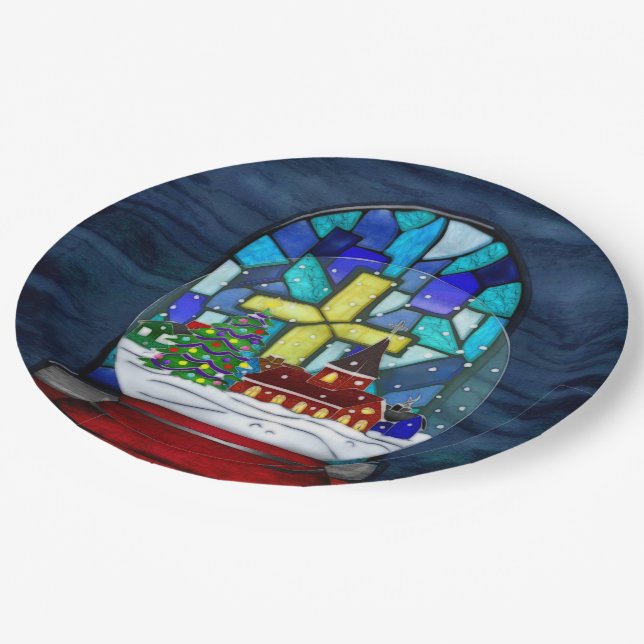 Snowglobe Whimsey Catholic Holiday Paper Plates (Angled)