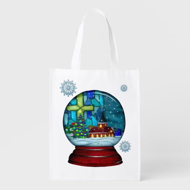 Snowglobe Whimsey Catholic Holiday PIE DESSERT Grocery Bag (Front)