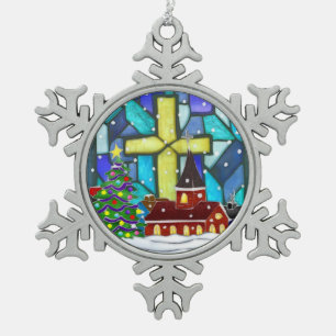 Snowglobe Whimsey Catholic Holiday Snowflake Pewter Christmas Ornament