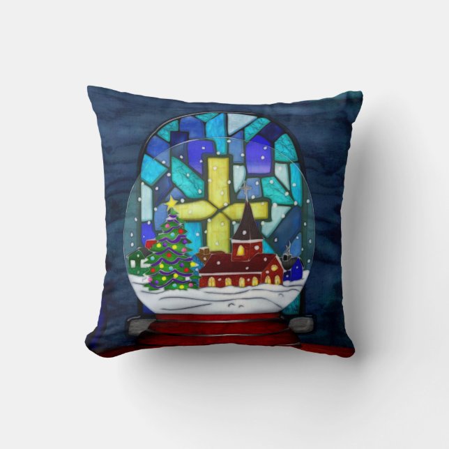 Snowglobe Whimsey Catholic Holiday Throw Pillow (Front)