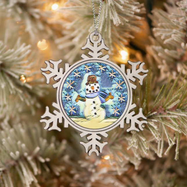 Snowie Snowman Snowflake Pewter Christmas Ornament (Tree)