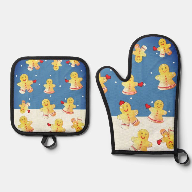 Snowing Gingerbread  Oven Mitt & Pot Holder Set (Front)