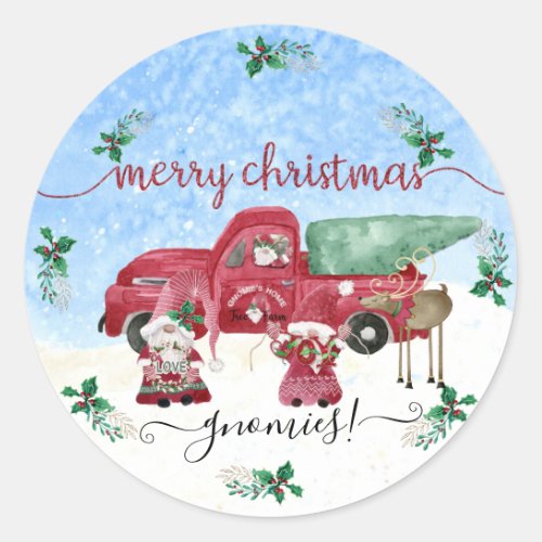 Snowing Merry Christmas Gnome Tree Farm Watercolor Classic Round Sticker
