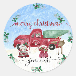 Snowing Merry Christmas Gnome Tree Farm Watercolor Classic Round Sticker
