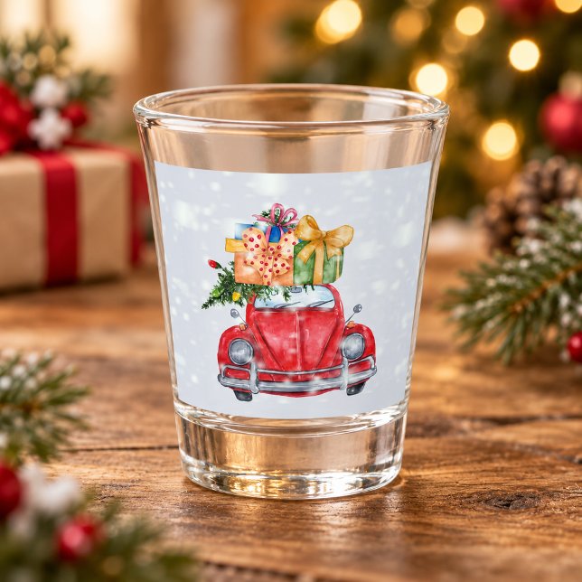 Snowing Red Car Christmas Gifts and Tree, ZSSP Shot Glass (Snowing Red Car Christmas Gifts and Tree Shot Glass)