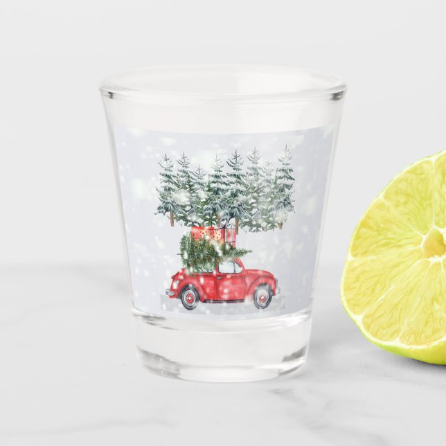 Snowing Red Car Christmas Tree and Gifts, ZSSP Shot Glass (Front)